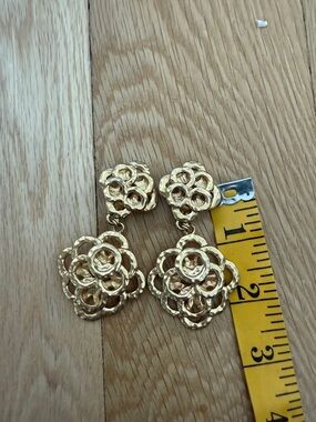 Gold Floral Drop Earrings with Clip on Back